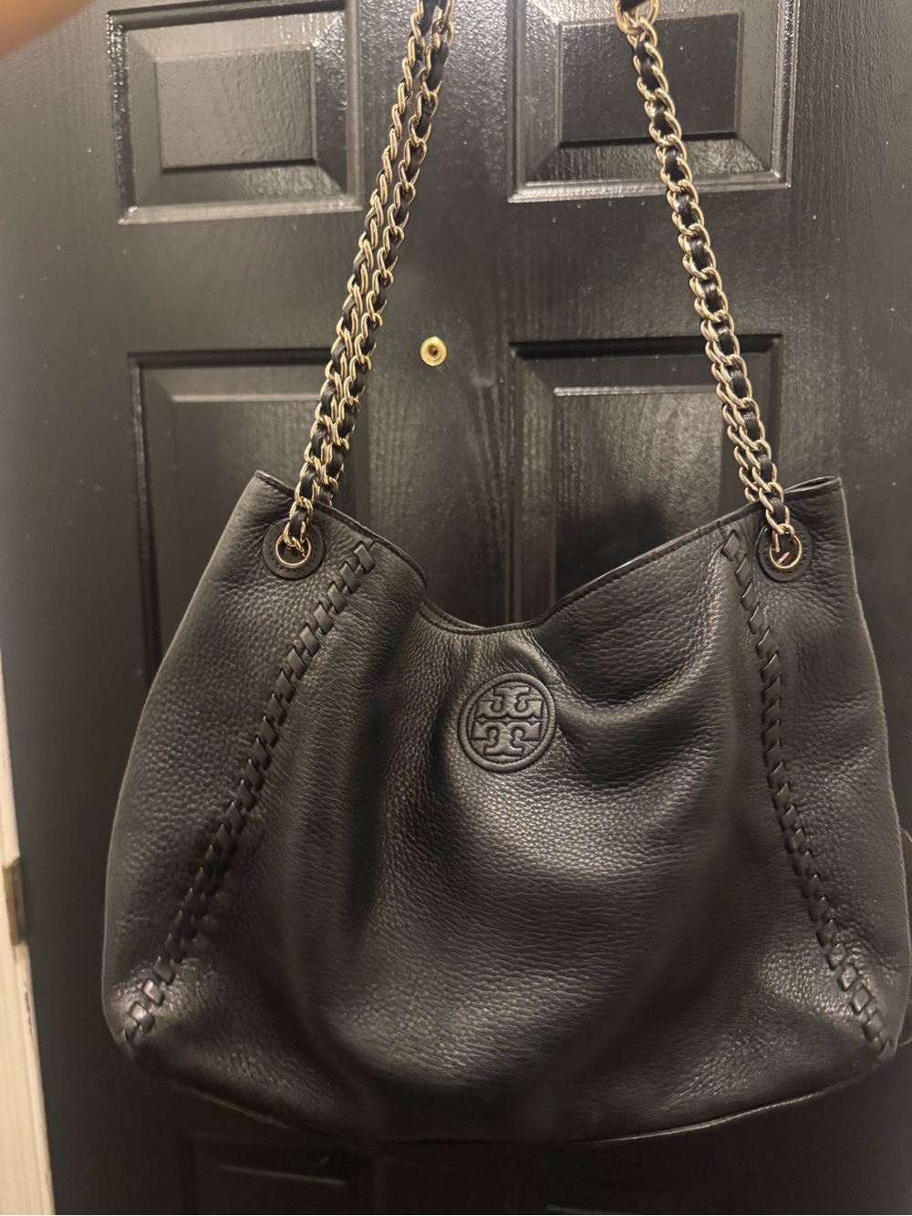 Tory Burch Black Pebbled Leather Chain-Handle Shoulder Bag